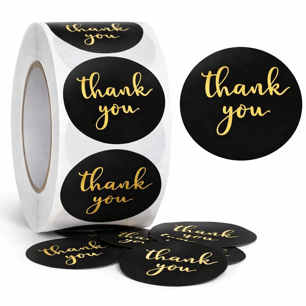 500ct Thank You Round Stickers, 1 inch, Black/Gold